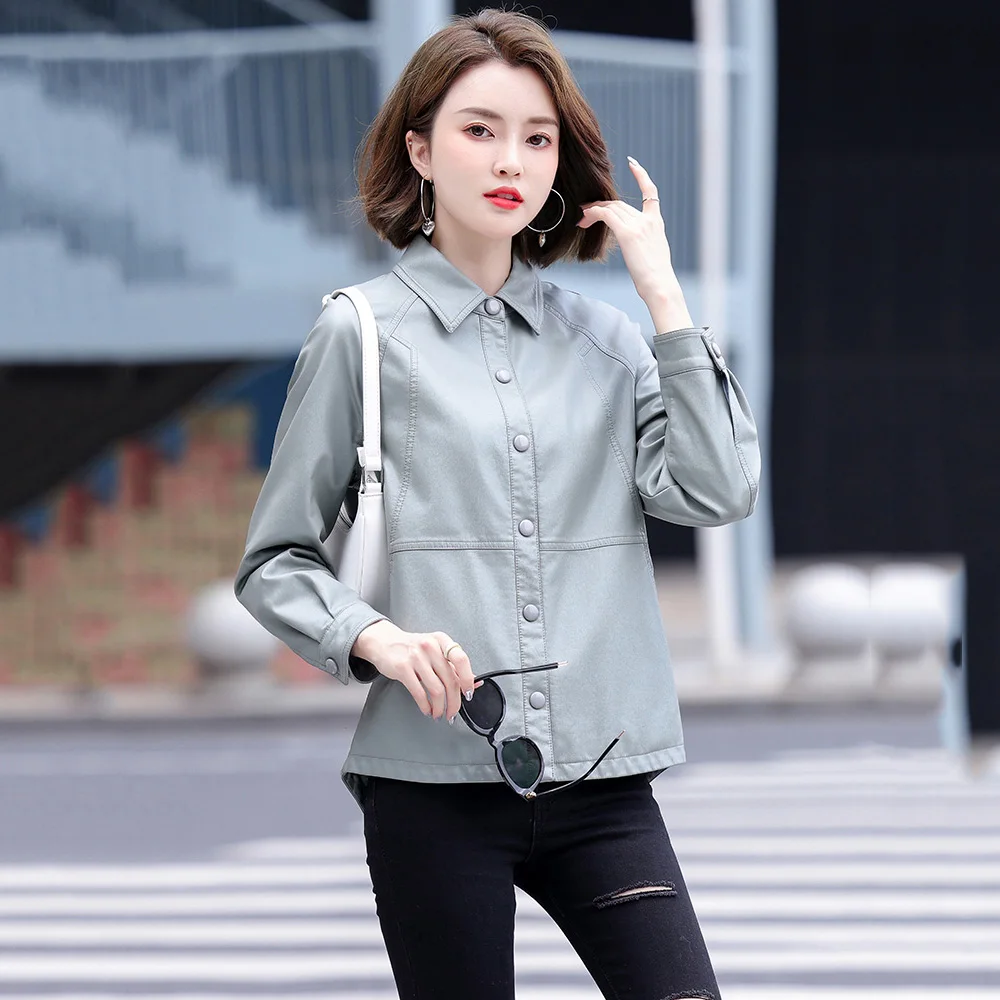 New Women Shirt Style Leather Jacket Spring Autumn Fashion Casual Turn-down Collar Split Leather Tops Coat Loose Outerwear