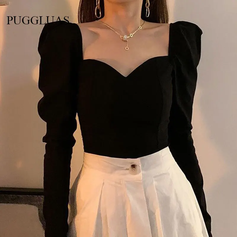 

French Vintage Elegant Tops Women Long Sleeve Black Sexy Y2k Blouse Office Lady Korean Fashion Pure Color Shirts 2022 Autumn