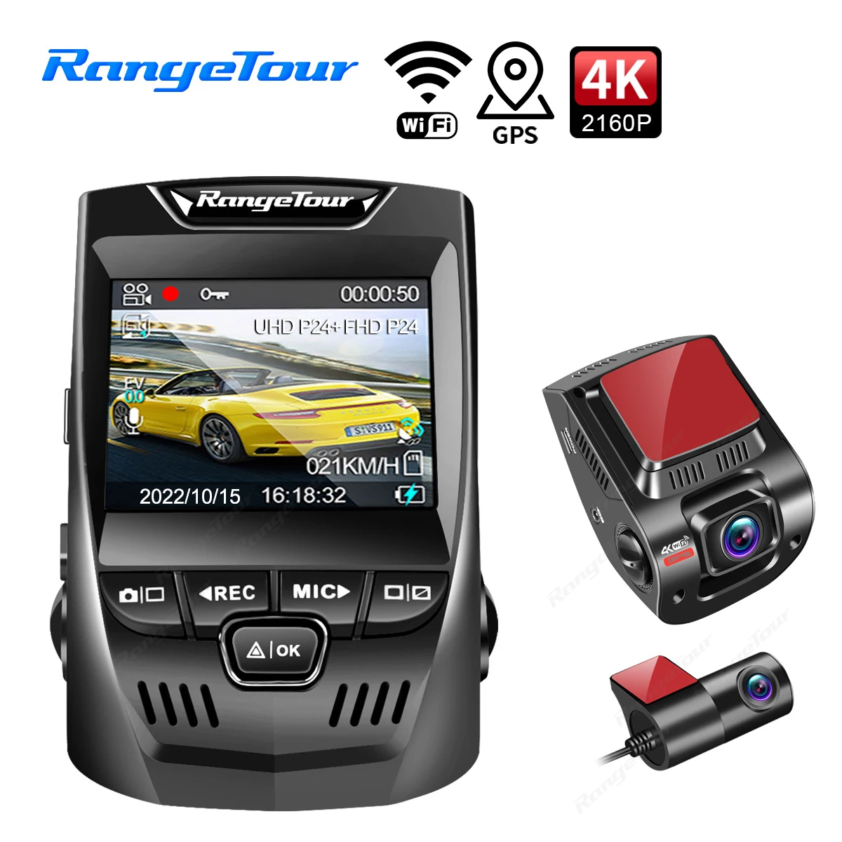 Car DVR Camera 4K 3840*2160P+1080P Build-in GPS WiFi Dash Cam Front and Rear Driving Recorder Motion Detection 24-Hour Parking