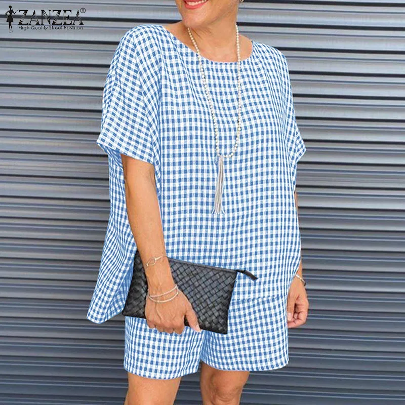 

2022 Summer Checked Print Matching Sets Women Casual Short Sleeve Grid Short Sets ZANZEA Vintage Plaid Loose Suits Holiday 2PCS