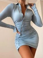 sexy single breasted long sleeve pleated shirt dresses women 2022 fashion town down collar bodycon mini dress street clubwear