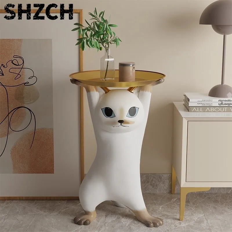 Фото Очаровательный журнальный столик MOMO с кошачьим дизайном, большой поднос для закусок, подставка для ТВ, диванчик рядом с напольным подносом, подарок №2