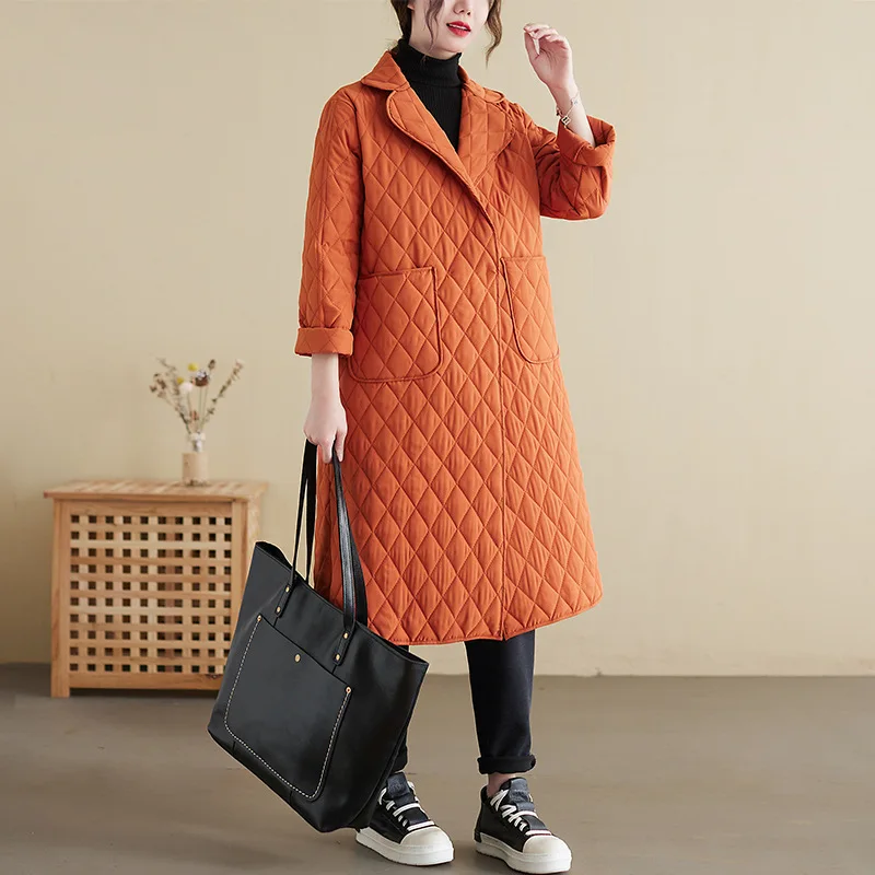2022 Fashion Women's Winter New Retro Rhombus Cotton Long-Sleeved Stand-Up Collar Solid Color All-Match Literary Retro Long Coat