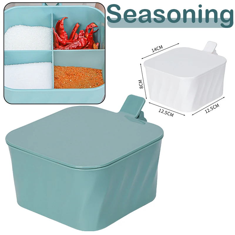 

Spice Box with Spoon and Lid 4 Compartments Salt Pepper Jar Storage Container Kitchen Supply Useful Spice Box pjop