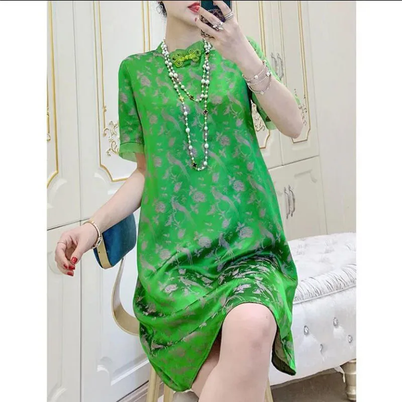 Emerald Green Printing Imitation silk Cheongsam Dress High-End  Lady Dress Sundress 2023 New Women's Improved Qipao  Vestidos