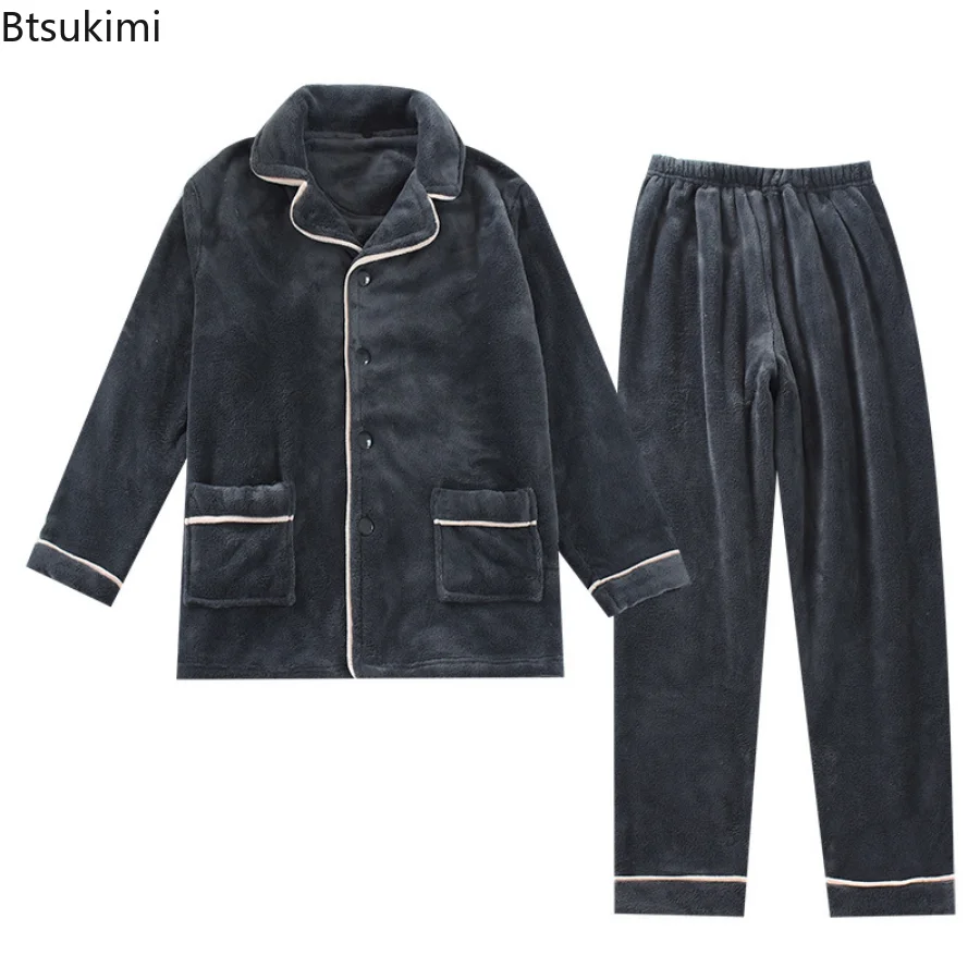 New Autum Winter 2PC Thick Flannel Men Pajamas Sets Thermal Warm Long Sleeve Trousers Male Homewear Pants Coral Fleece Sleepwear