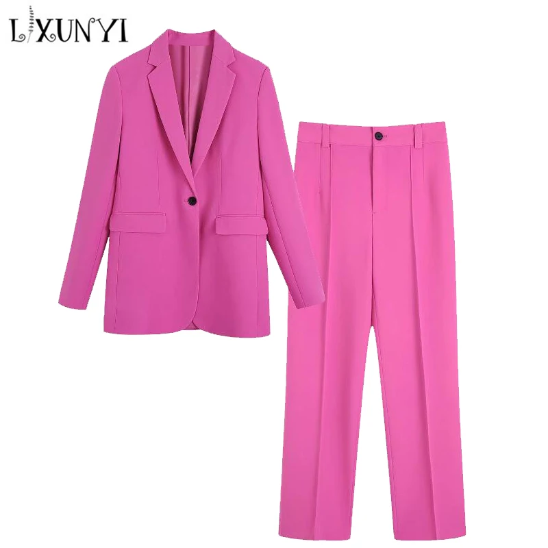 

LXUNYI Spring Two Piece Set Women Long Sleeve Pockets Solid Formal Office Slim Blazer + Straight Wide Leg Pants Work Suits