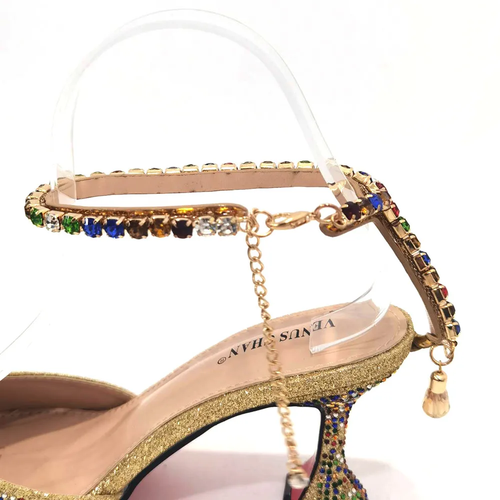 Venus Chan Elegant Party Sandals Colorful Full Diamond Design Pointed Toe High Heels for Women 2023 Bag and Shoes Matching Set