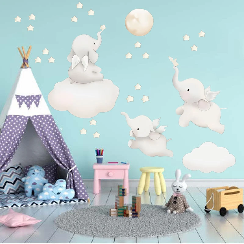 

Cute Cartoon Bedroom Elephant Animal Sticker Stars Cloud Wall Stickers Baby Kids Room Decoration Nursery Vinyl Wall Decor