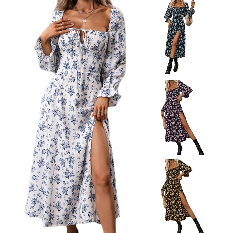 Women Summer Floral Print Dresses Lacy Square Collar Long Sleeves Sexy Slit Fashion Bodycon Lace-up Top Long Dress