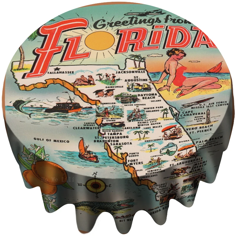 

Florida Tourist Map Sunshine State Retro Aviation Red Airplane Coastline Travel Themed Round Tablecloth By Ho Me Lili Table Deco