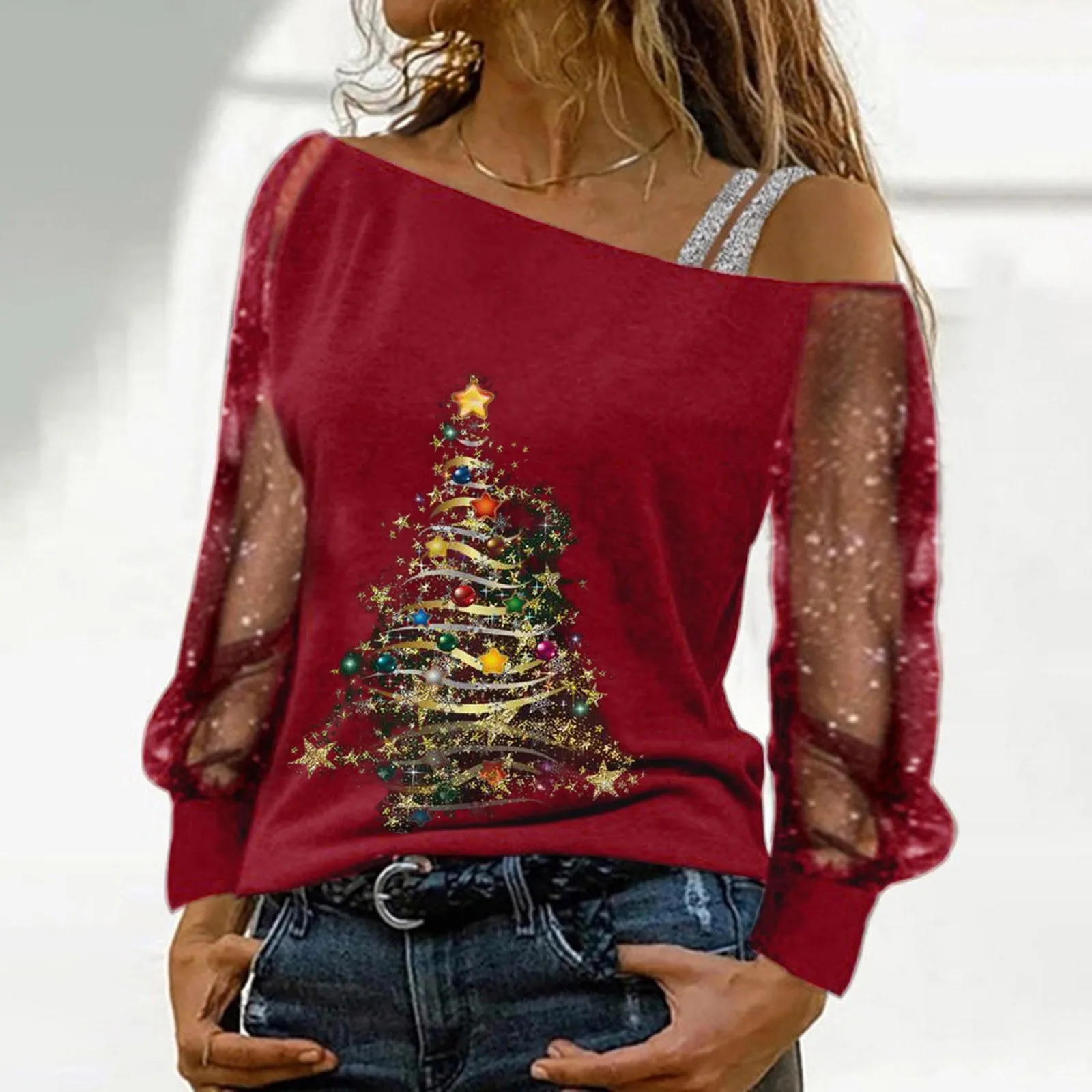 

Женская сетчатая блузка с длинным рукавом и открытыми плечами