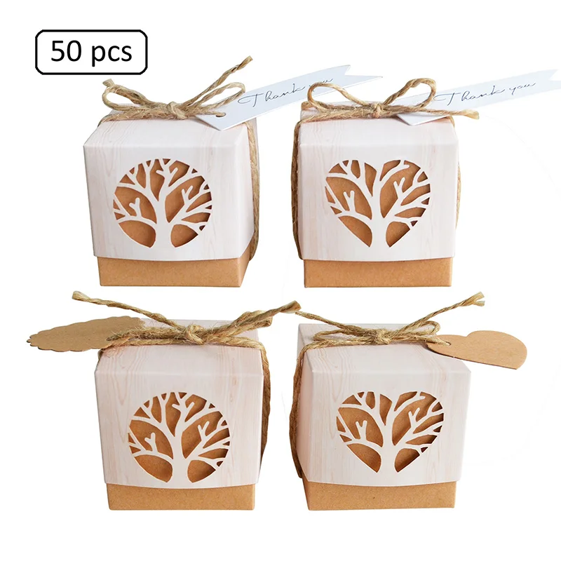 

50Pcs Retro Kraft Paper Candy Box Creative Hollow Love Tree Wedding Favor Gift Box Thank You Tag With Rope Birthday Party Supply