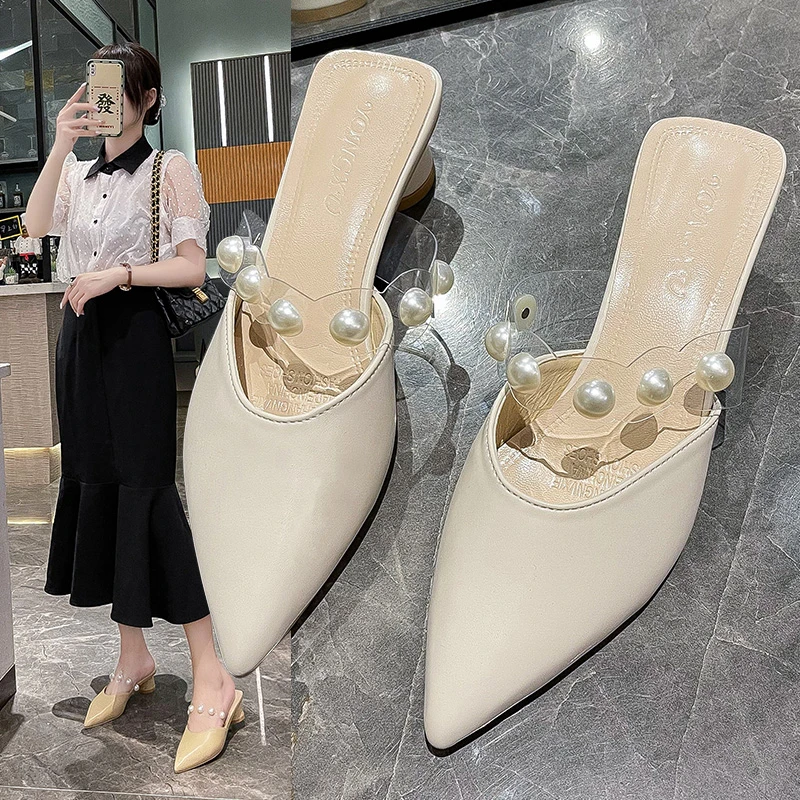 

Shoes Woman's Slippers Heeled Mules Med Pointed Toe Slides 2022 High Cover Rubber Rome PU Hoof Shoes Pointed Toe Woman's Slipper