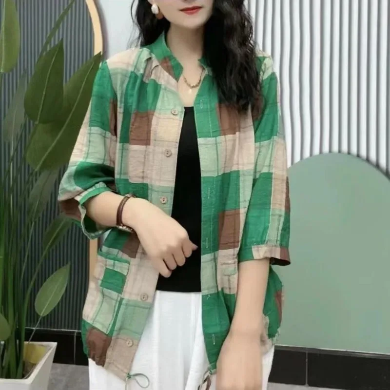 Женская весенне-осенняя рубашка Y2K с винтажным принтом и рукавами средней длины