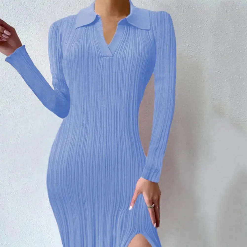 

Charming Elastic Long Sleeves Autumn Striped Side Split Solid Knitted Midi Dress Streetwear Knitted Dress Autumn Dress