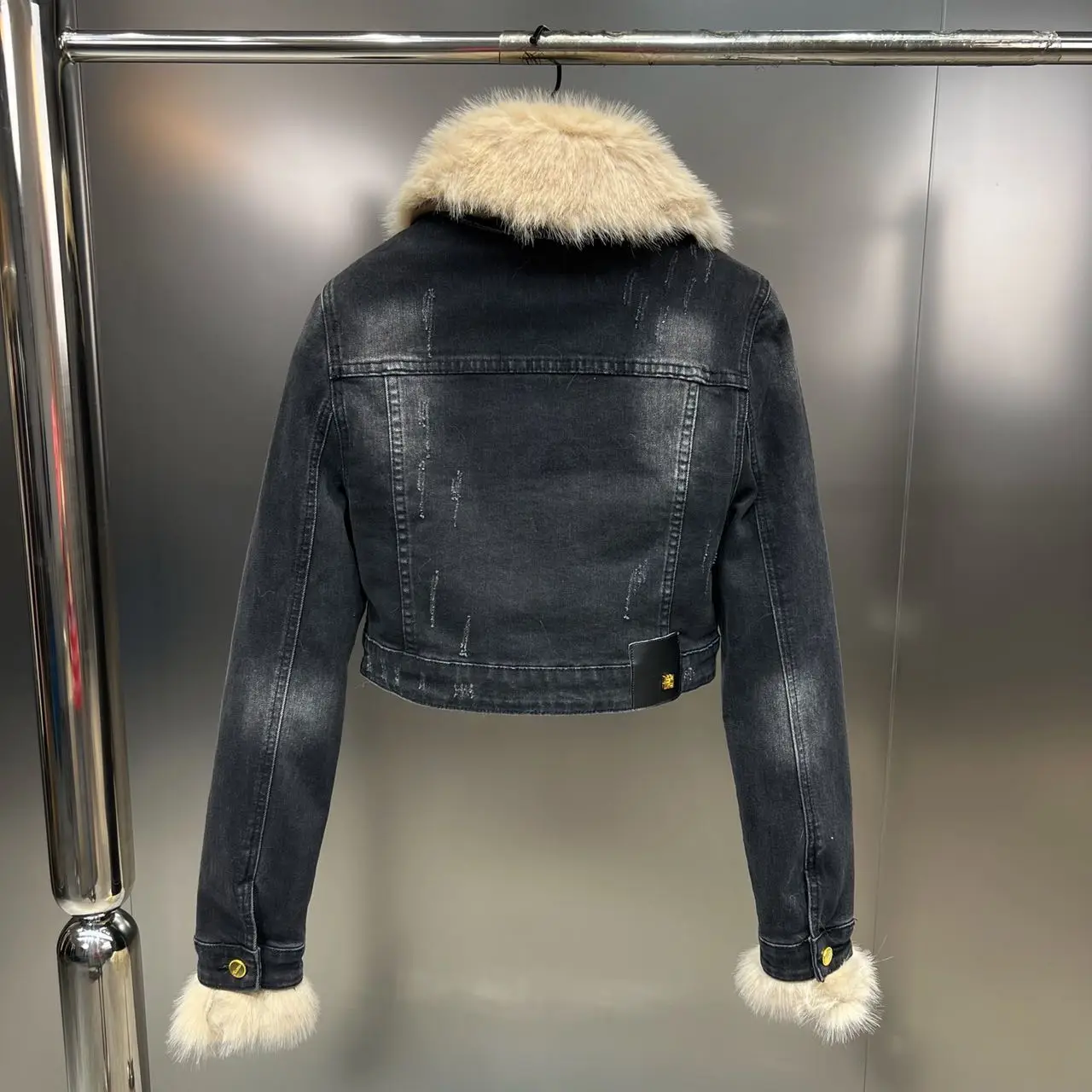 Winter Women's Warm Fur Lapel Long Sleeve Pocket Decorative Liner Plush Thick Denim Jacket Parka