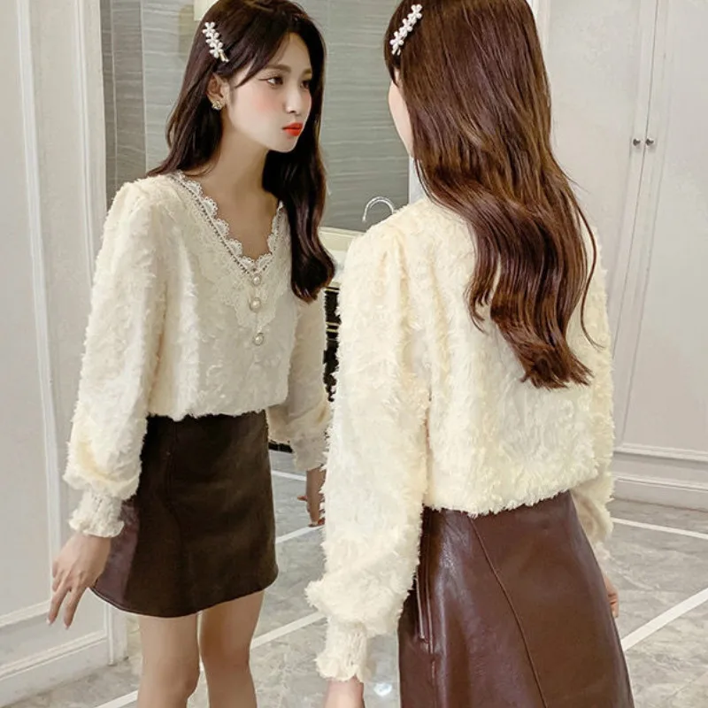 Рубашки женские удобные универсальные с V-образным вырезом и рукавами-фонариками