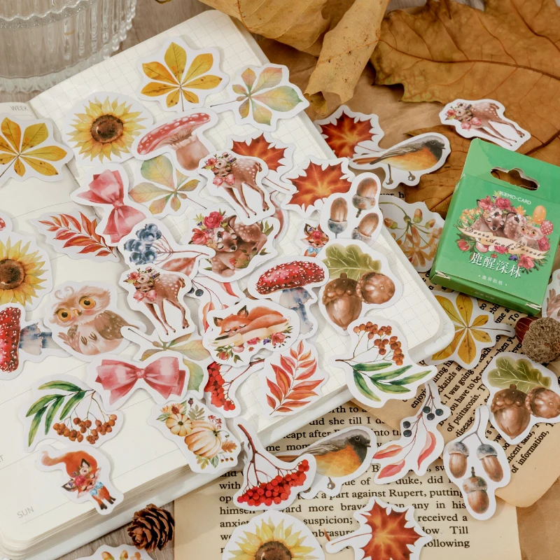 

40Packs Wholesale Mini Box Stickers Deer Plants Material Mushrooms Bow Tie kawaii Forest leaves maple literature decorations 4CM