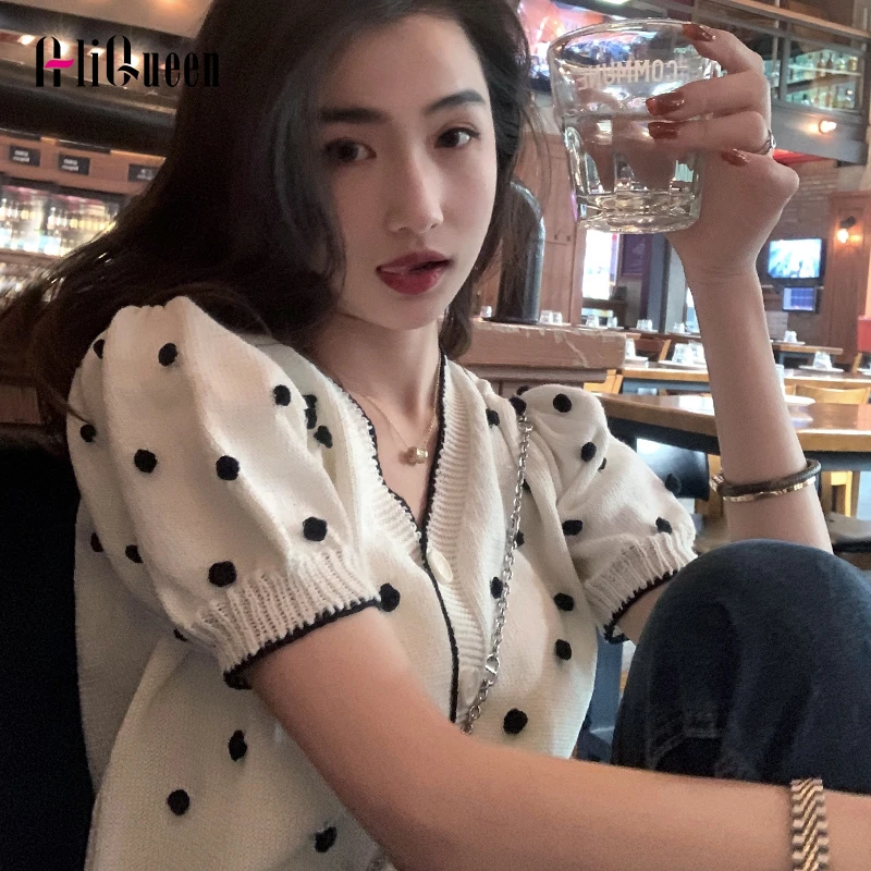 

Three-dimensional Polka Dot Puff Sleeve V-neck Kawaii Cardigan Summer Sweater Top Korean Women Single Breasted Knitted Crop Top