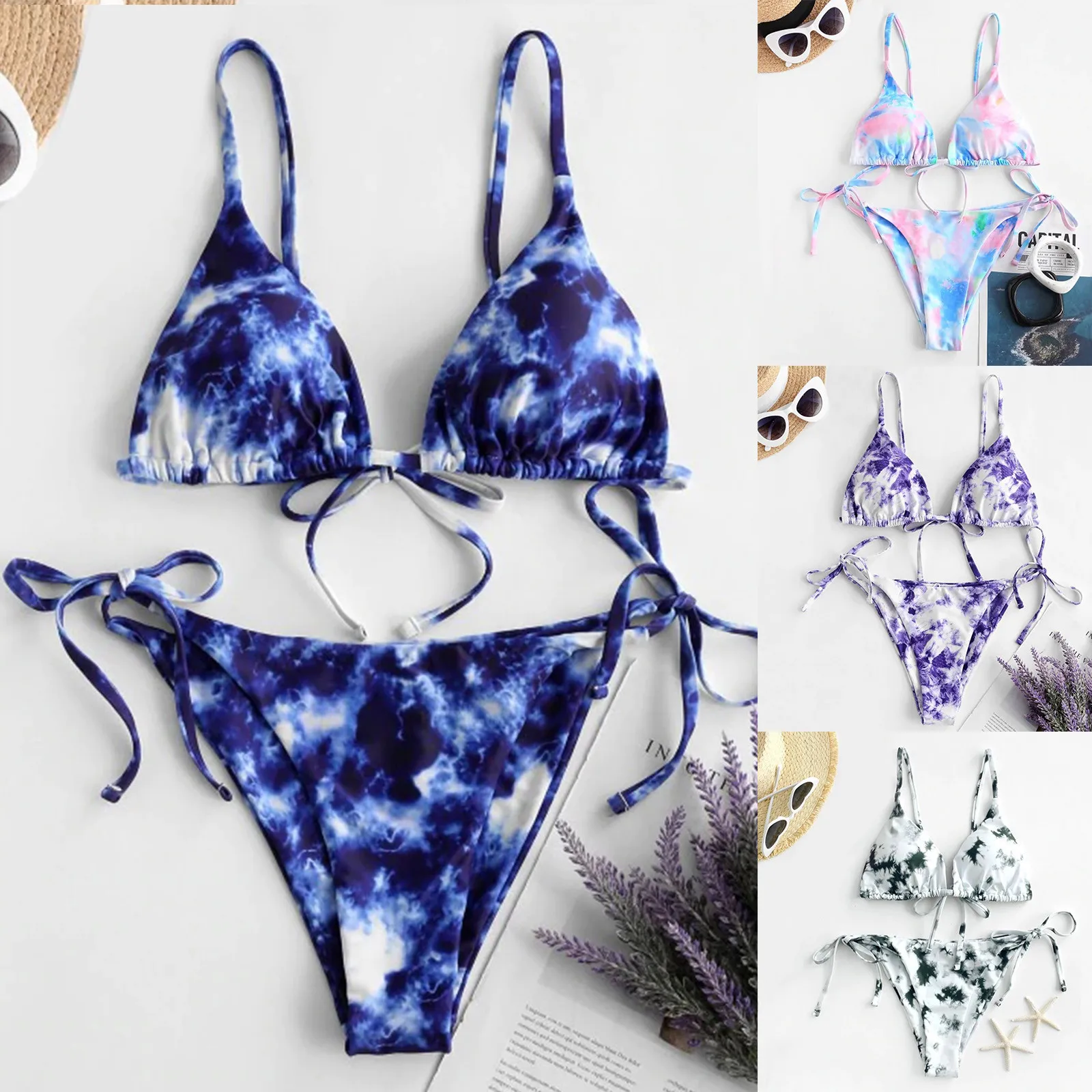 

Sexy Tie Dye Bikini Swimwear Women Tie Side Low Waist Thong G-string Bikini Split Swimsuit 2 Pieces Bathing Suit 2022