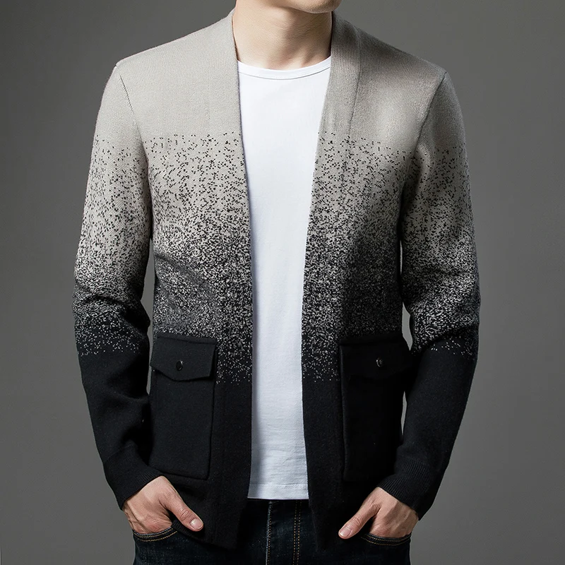 

European Luxury Fall/Winter2022Trending Products Men's Knit Cardigan V-Neck Dot Three-Dimensional Pocket Fashion Sweater Black