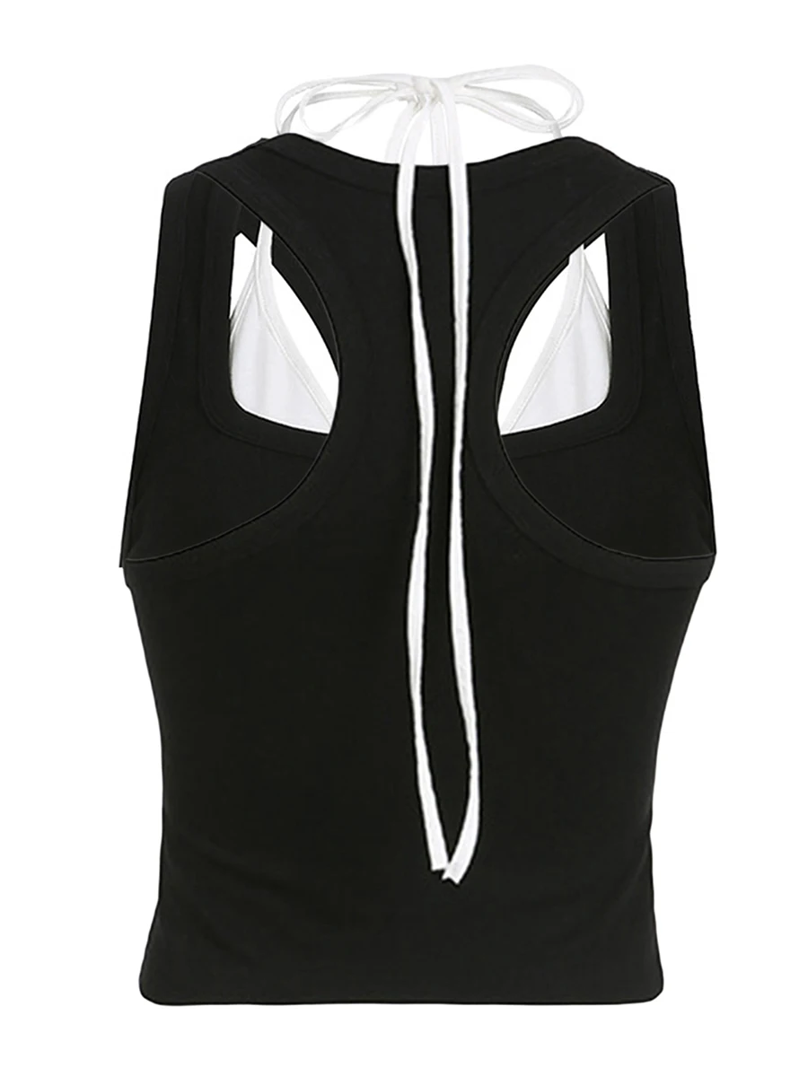 

Stylish Contrast Color Crop Tops for Women - Sleeveless Racerback Halter Neck Tank with Eye-Catching Patchwork Design