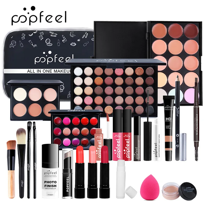 

POPFEEL Cosmetic Makeup Set Eyeshadow Concealer Comestic Brush Lip Gloss Eyebrow Pencil Eyeliner Pressed Powder Mascara DC08