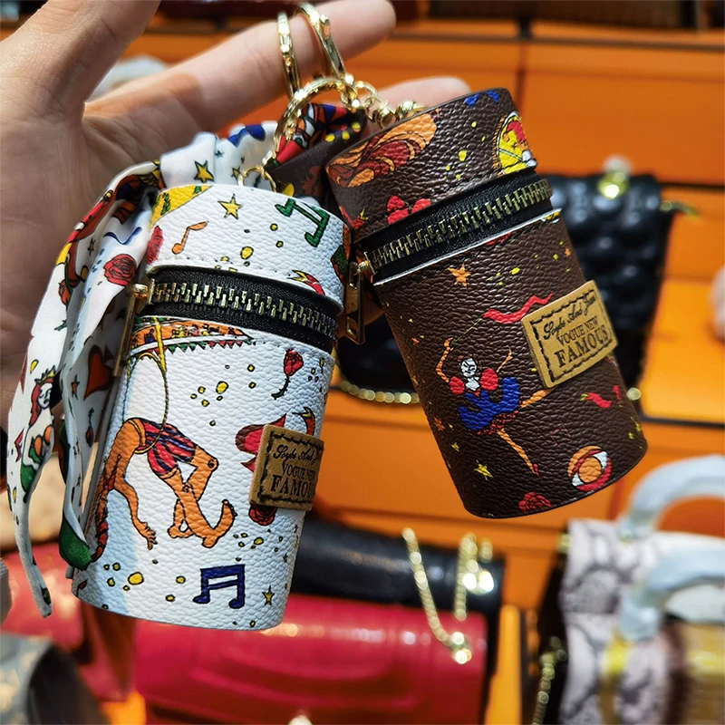 

Mini Lipstick Bag New Cylinder Makeup Wallet Women Coin Zipper Purse Fashion Leather Key Chain Bag Key Ring Storage Bag