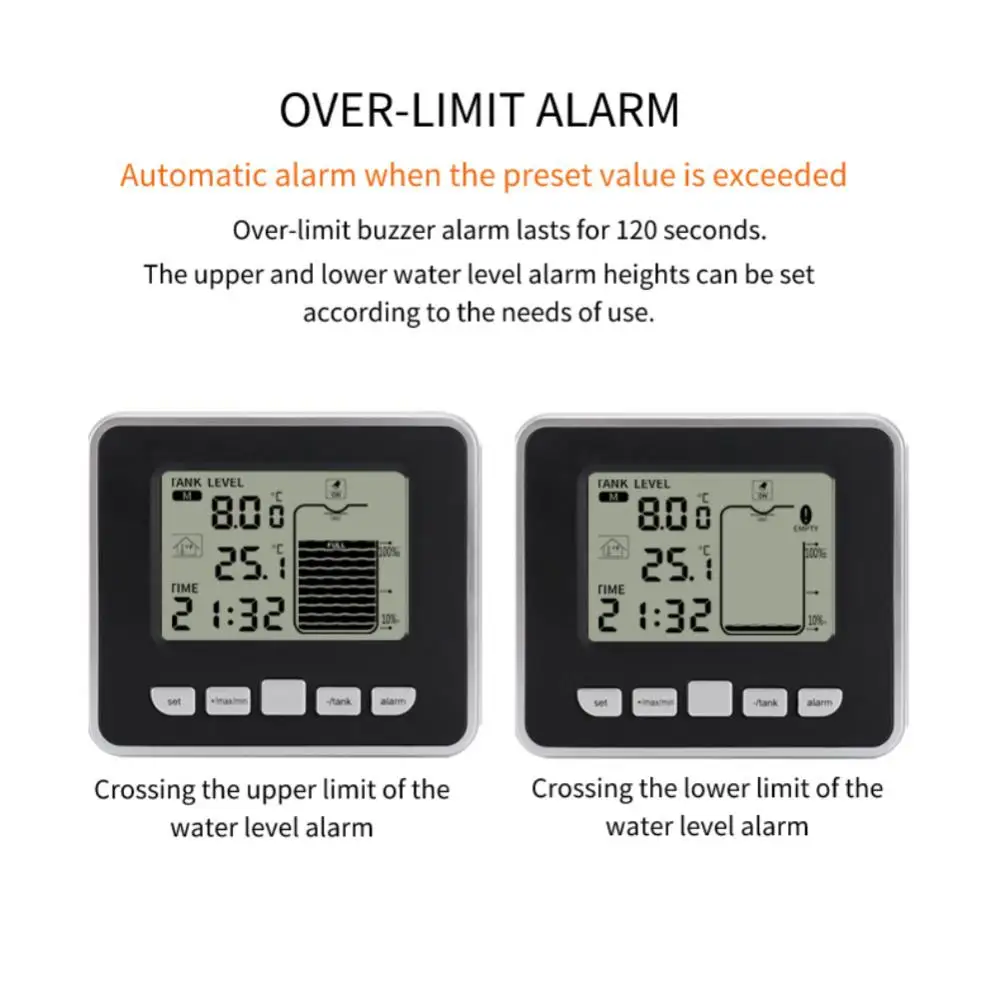 

Wireless Ultrasonic Water Tank Liquid Level Meter With Temperature Sensor Water Level Time Display Low Battery Indicator FT002