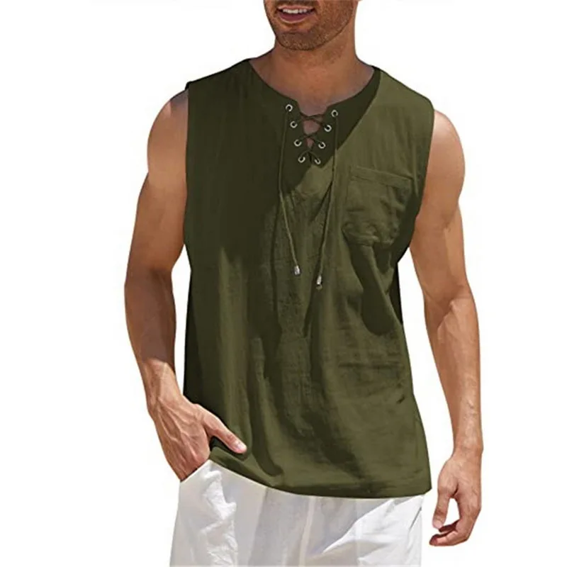 

Casual Summer Men Cotton Linen Tank Top Solid Color Sleeveless V Neck Loose Bandage Pocket Vest Tops Men'S Blouse Shirt Clothing