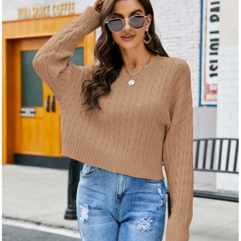 Универсальный однотонный вязаный свитер в ленивом стиле женский короткий с