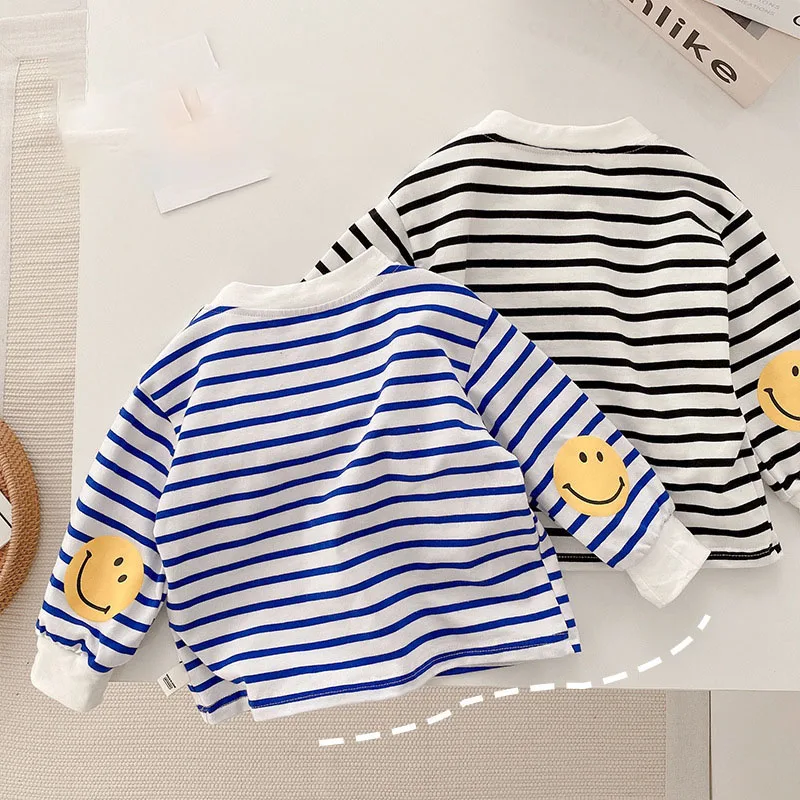 Enlarge Spring Kids Blouse Striped Boys Stripe Shirts Casual Smile Base Tops  Children Clothes Toddler Girls Moleton Infantil Camisas