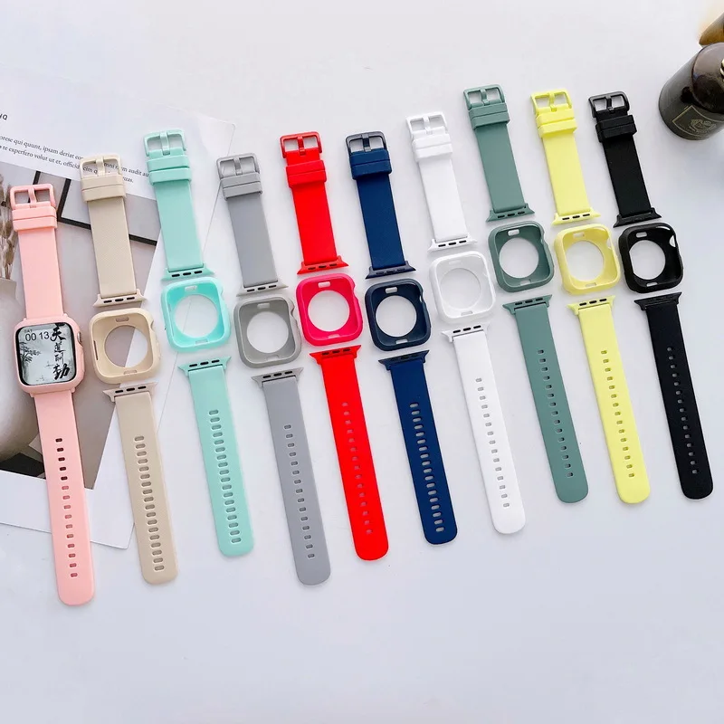 Jdfans band with case for apple watch series 7 6 5 4 3 2 SE strap for iwatch with cover silicone band 38 40 42 44mm candy color