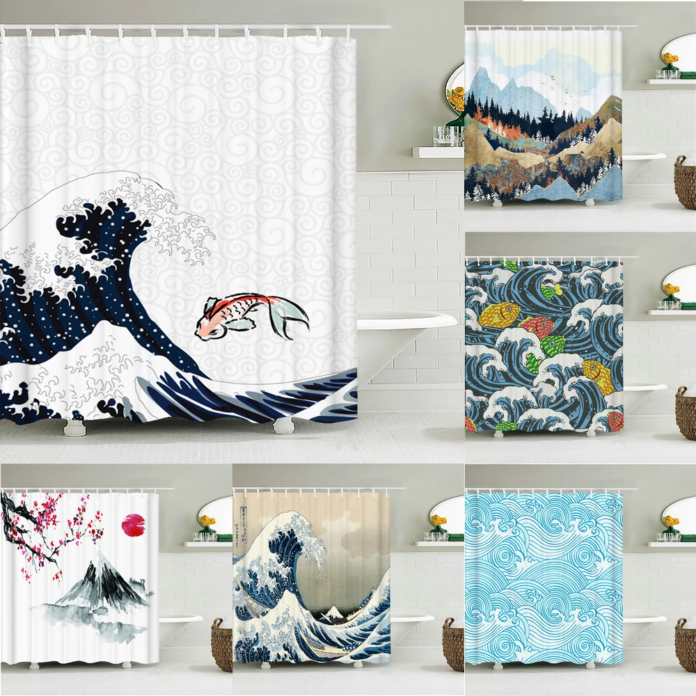 

Japanese Sea Waves Koi Spray Fabric Shower Curtain Bathroom Curtains Plum Blossoms Mount Fuji landscape Bath Screen with Hooks