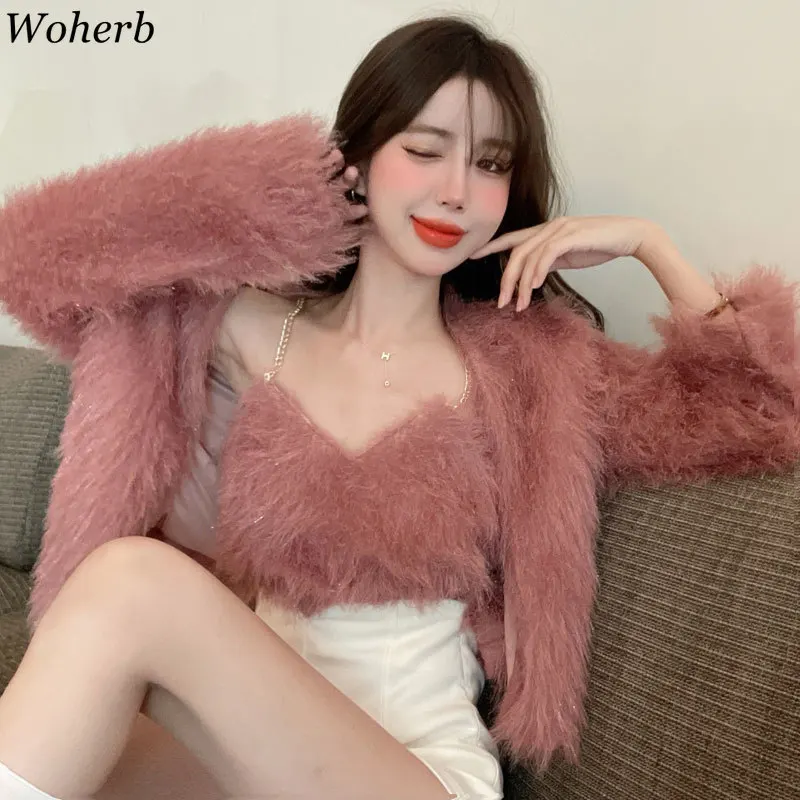 Woherb пикантный меховой вязаный кардиган + майка без рукавов жилет женский