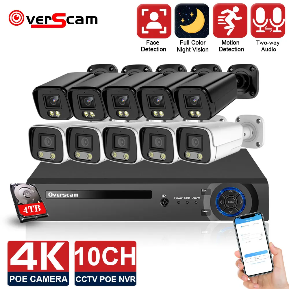 

Камера видеонаблюдения Super HD 4K POE, комплект системы безопасности, наружная цветная цилиндрическая IP-камера с ночным видением, 8 каналов, 10 кан...