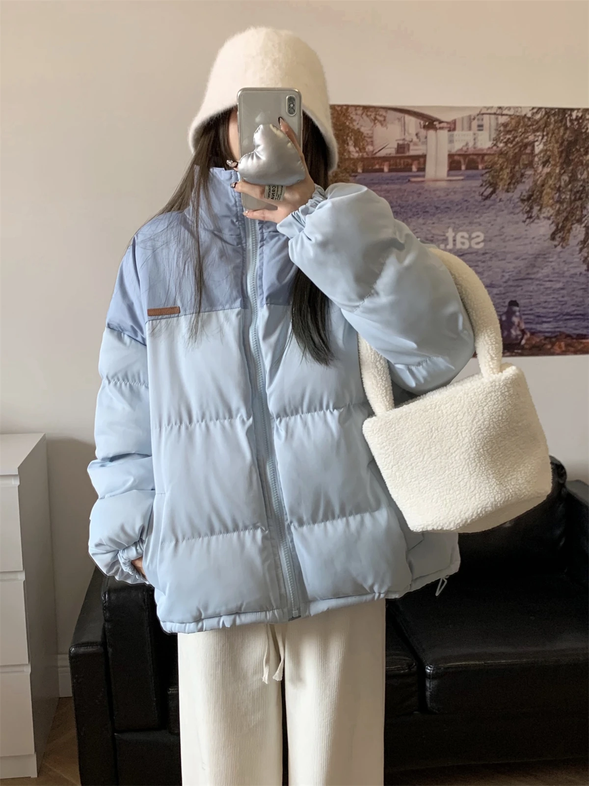 2022 Winter New Cotton Clothes Loose Age Reducing Thin Thickened Cotton Jacket Blue Cotton Coat Coat Female Fashion