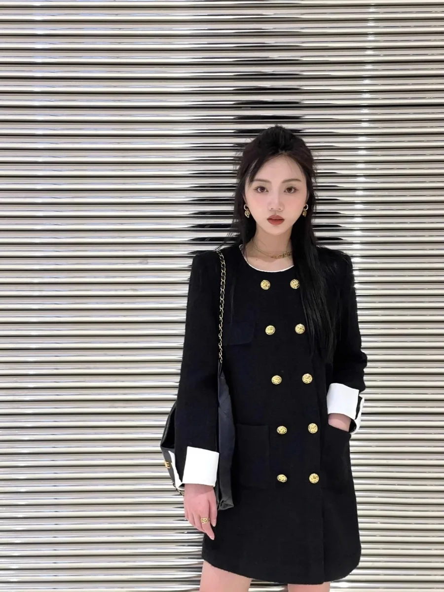 Plus Size Retro Double Breasted Black Dress Women 2024 Autumn and Winter Plus size Chubby Girl High-Grade Temperament Slimmin...