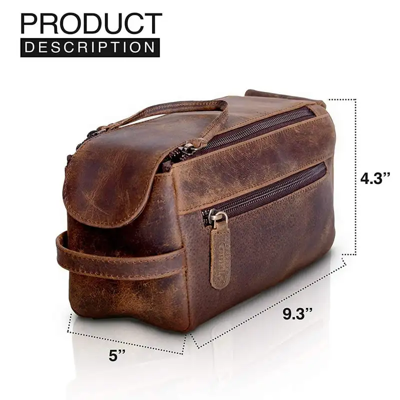 KomalC Genuine Distressed Tan/Hunter Buffalo Unisex Toiletry Bag Travel Dopp Kit - Perfect Choice for On-the-Go Organization.