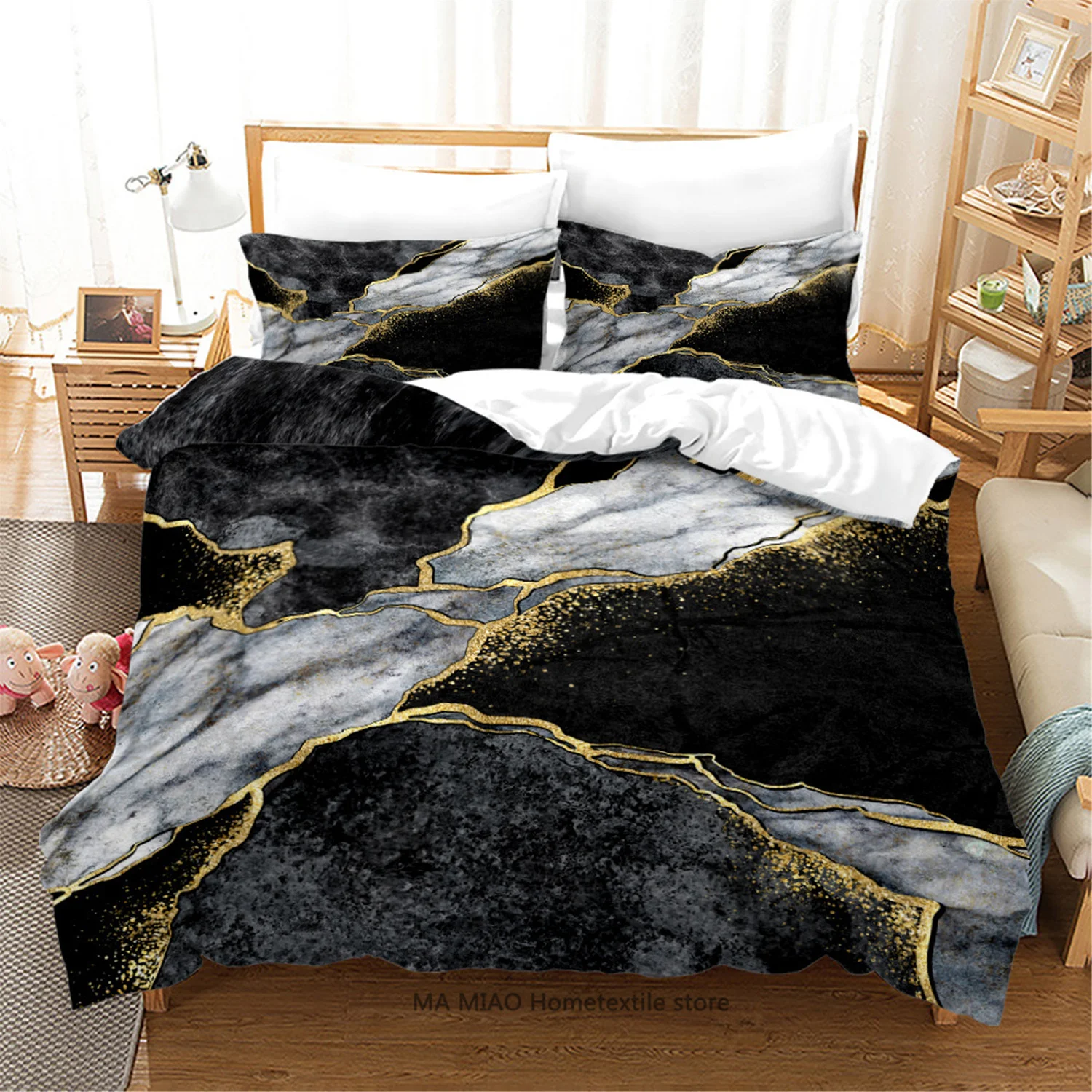 

Abstract Black Gold Marble Duvet Cover Set Pillowcases Green Twin Queen King Size Bedding Set 3D Nordic Luxury Quilt Cover