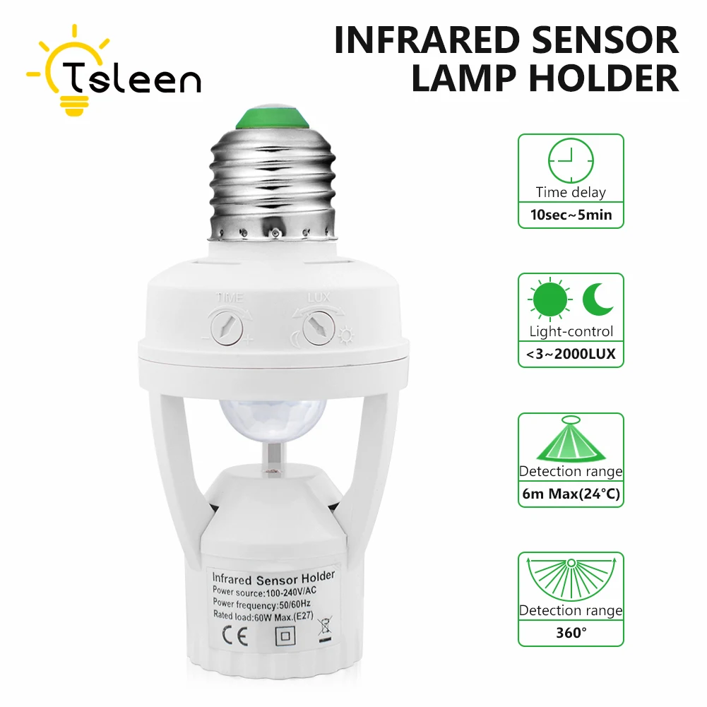

Smart 110V-240V 60W PIR Induction Infrared Motion Sensor E27 LED lamp Base Holder With light Control Switch Bulb Socket Adapter