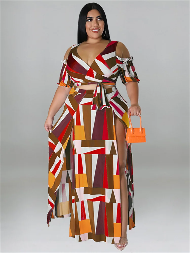 Plus Size Summer Plis Size Dress Sets Two Piece v Neck Printed Crop Top Big Swing Skirts Sexy Suits Sli 3xl 4xl 5xl 6xl