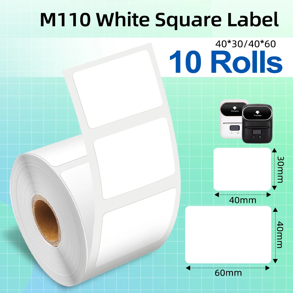 Phomemo Orginal M110 Thermal Adhesive Paper White Paper 40x30mm 40x60mm Thermal Labels Printer Paper Clear Printing 5/10-Roll