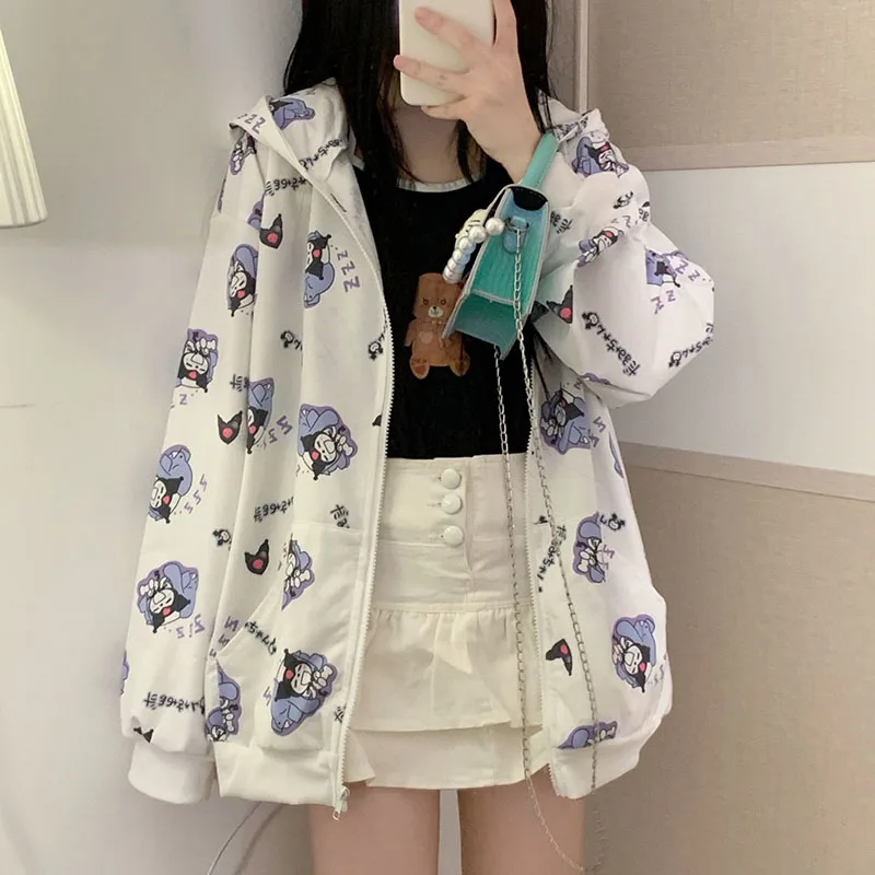 

Kawaii Sanrio Kuromi Coat Cartoon Cute Anime Printed Hooded Sweater Top Loose Student Hooded Cardigan Girl Birthday Gift Toy