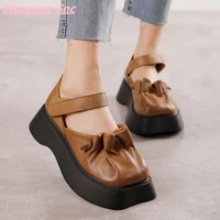 2022 retro rome hook loop women shoes square toe black brown soild genuine leather sandals casual platform fashion novelty