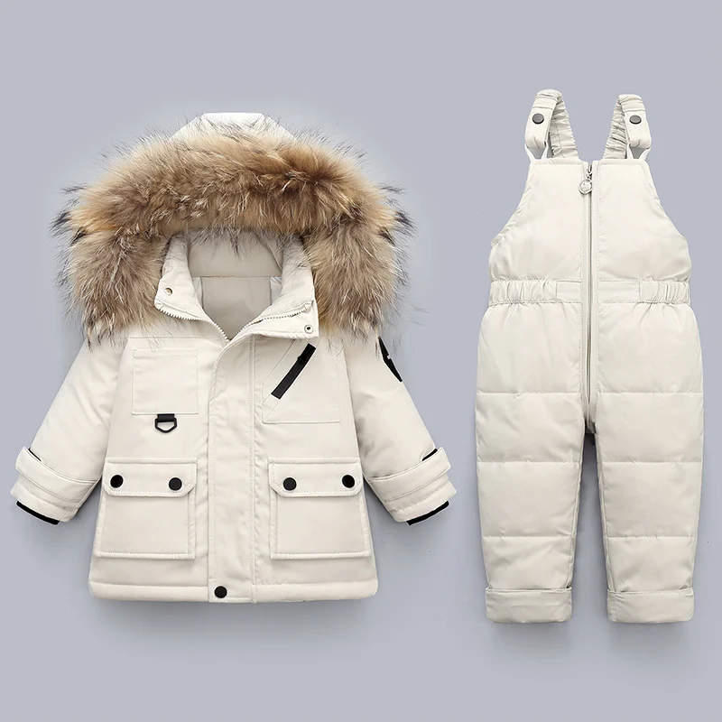 2PCS Kids Clothes Set Winter Down Jacket Baby Jumsuit Overalls Toddler Boys Girls Warm Fur Hooded Parka Coat Children Snowsuit