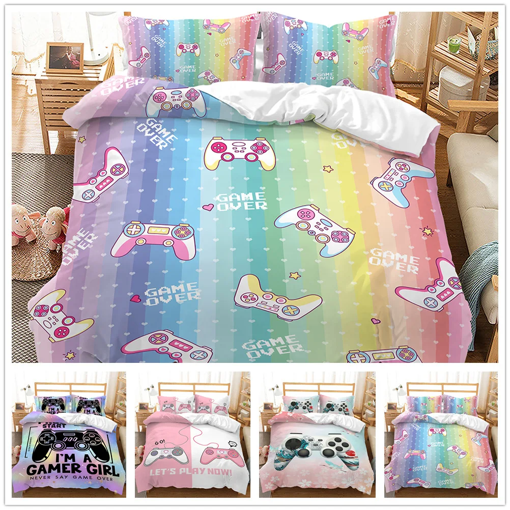 

Girl Pink Game Handle Duvet Cover with Pillowcase Luxury Pink Gamepad Controller Bedding Set Cute Kids Bed Cover Set 220x240