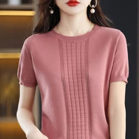 cotton t shirt womens summer new round neck pullover solid color knit casual hollow out elegant fashion short sleeve hot sale