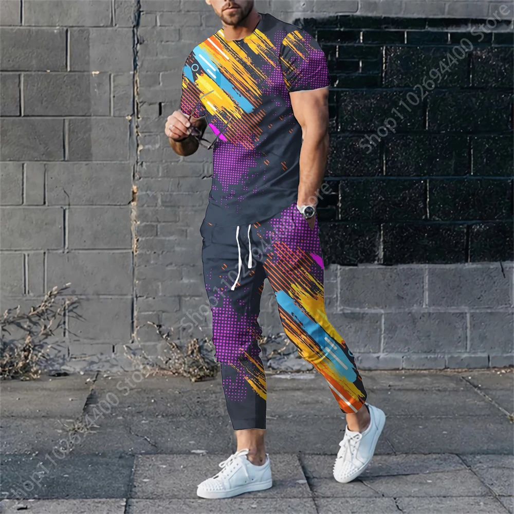 2023 New Men's Trousers Tracksuit 2 Piece Set Fashion Colour Print Summer Short Sleeve T Shirt+Long Pants Street Unisex Clothes